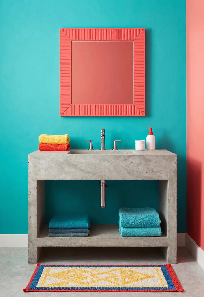 14 Concrete Bathroom Vanity Ideas With Industrial Style - 5. Concrete with Bold Color Pops 1