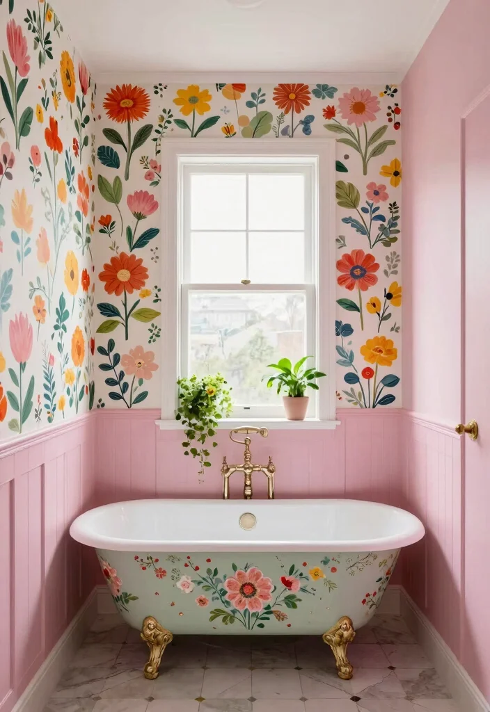 14 Girly Bathroom Decor Ideas With Cute Charm - 10. Playful Wallpaper 1