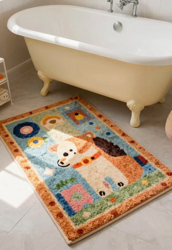 14 Girly Bathroom Decor Ideas With Cute Charm - 13. Whimsical Rugs 1