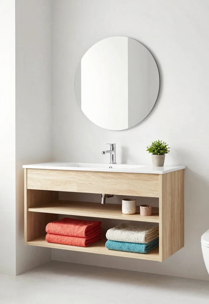 14 Small Bathroom Vanity Ideas For Smart Storage - 1. Floating Vanity With Open Shelving 1
