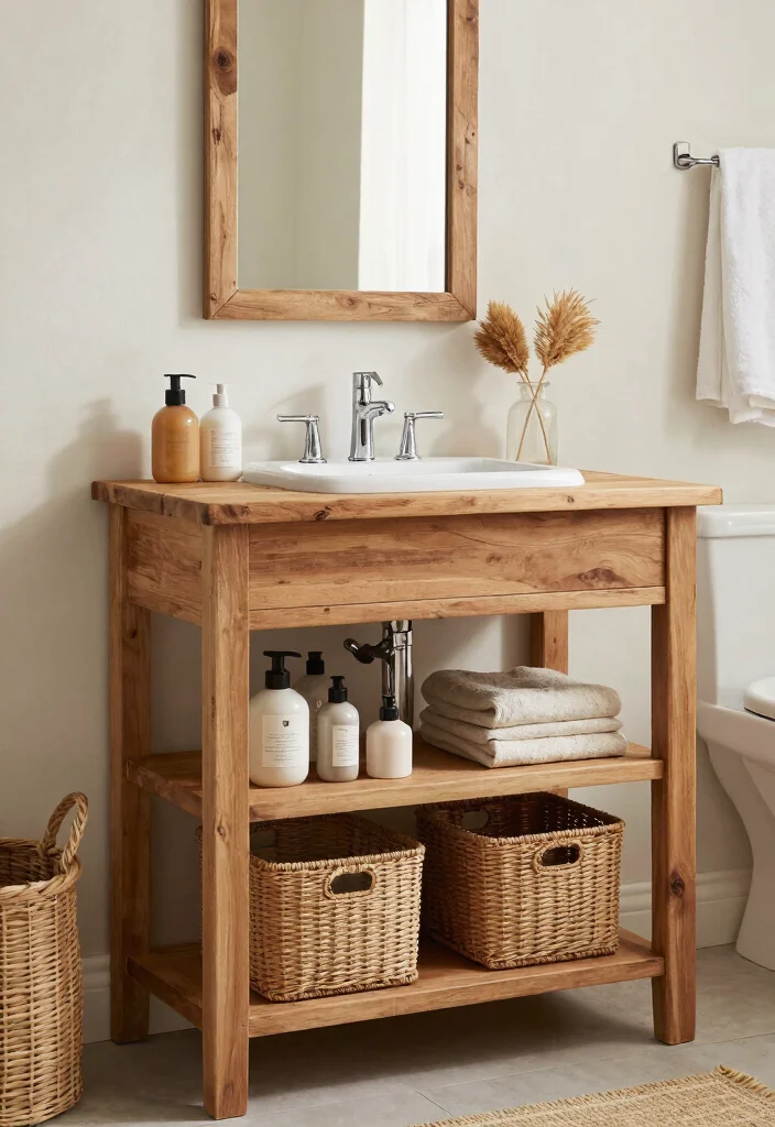 14 Small Bathroom Vanity Ideas For Smart Storage - 6. Rustic Chic Vanity with Storage Baskets 1