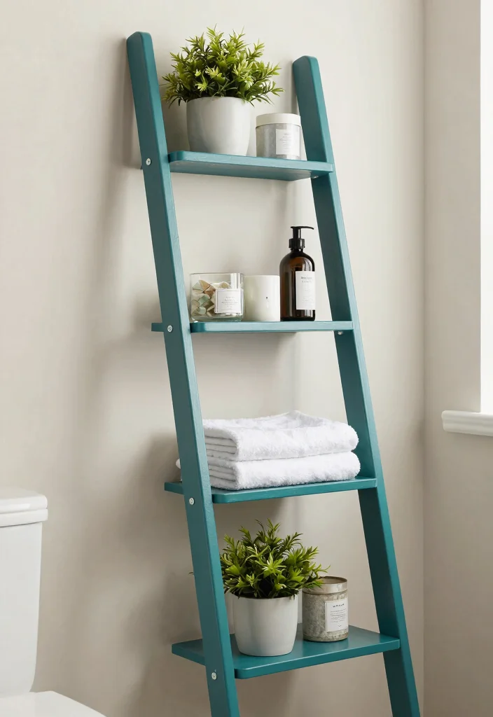 14 Teal Bathroom Decor Ideas With Fresh Colour - 12. Teal Ladder Shelves 1