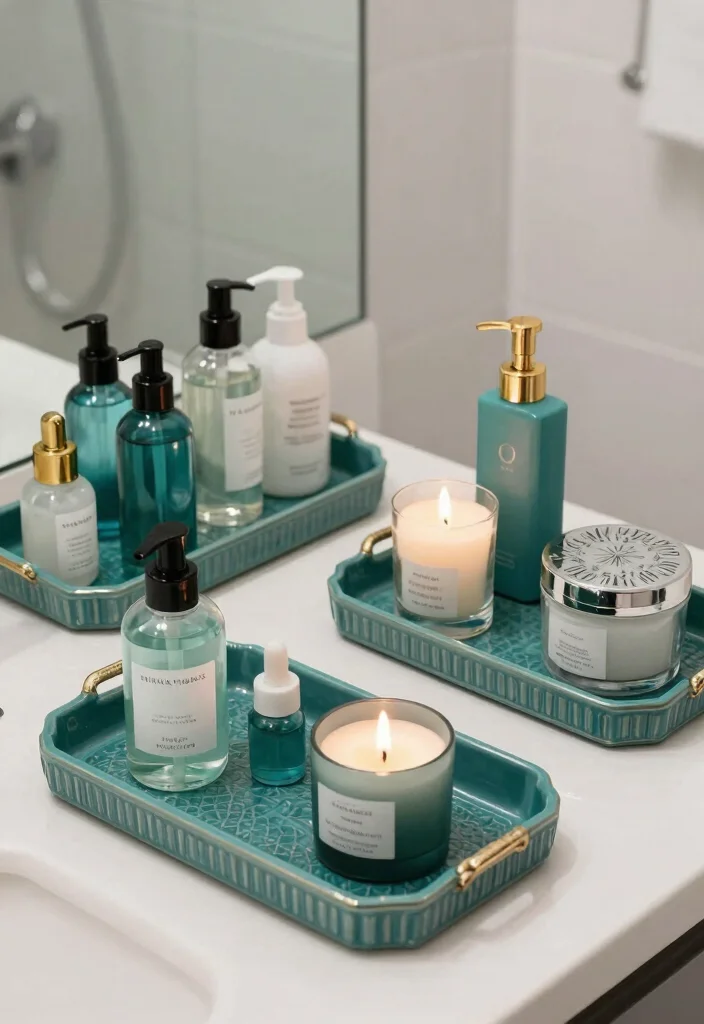 14 Teal Bathroom Decor Ideas With Fresh Colour - 14. Teal Decorative Trays 1