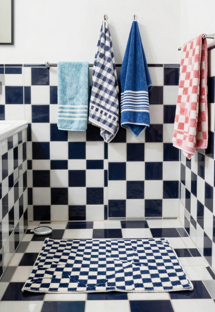 15 Checkered Bathroom Decor Ideas With Retro Style - 14. Layering with Checkered Patterns 1