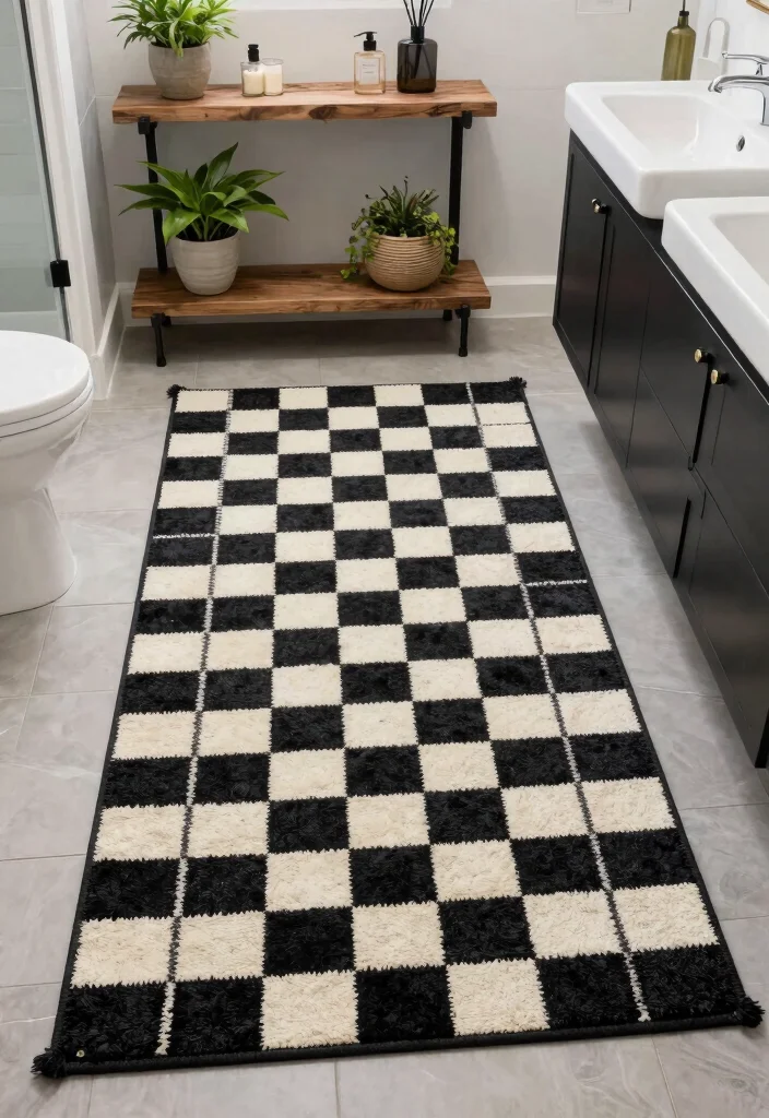 15 Checkered Bathroom Decor Ideas With Retro Style - 3. Vintage Checkered Rugs 1