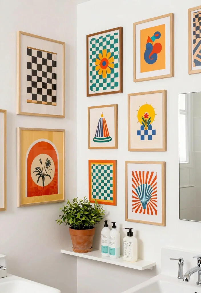 15 Checkered Bathroom Decor Ideas With Retro Style - 8. Fun Wall Art 1