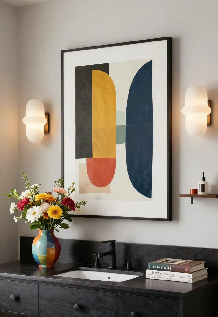 15 Dark Vanity Bathroom Ideas With Bold Mood - 10. Artistic Displays 1