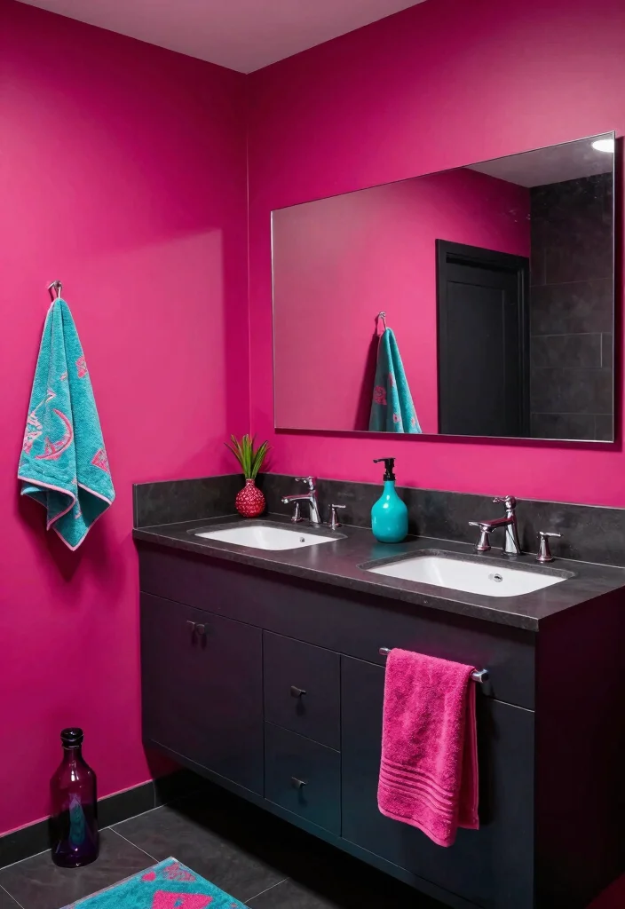 15 Dark Vanity Bathroom Ideas With Bold Mood - 9. Bold Accent Colors 1