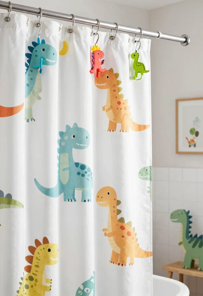 15 Dinosaur Bathroom Ideas Kids Will Love - 8. Dino-Themed Shower Curtain Hooks 1