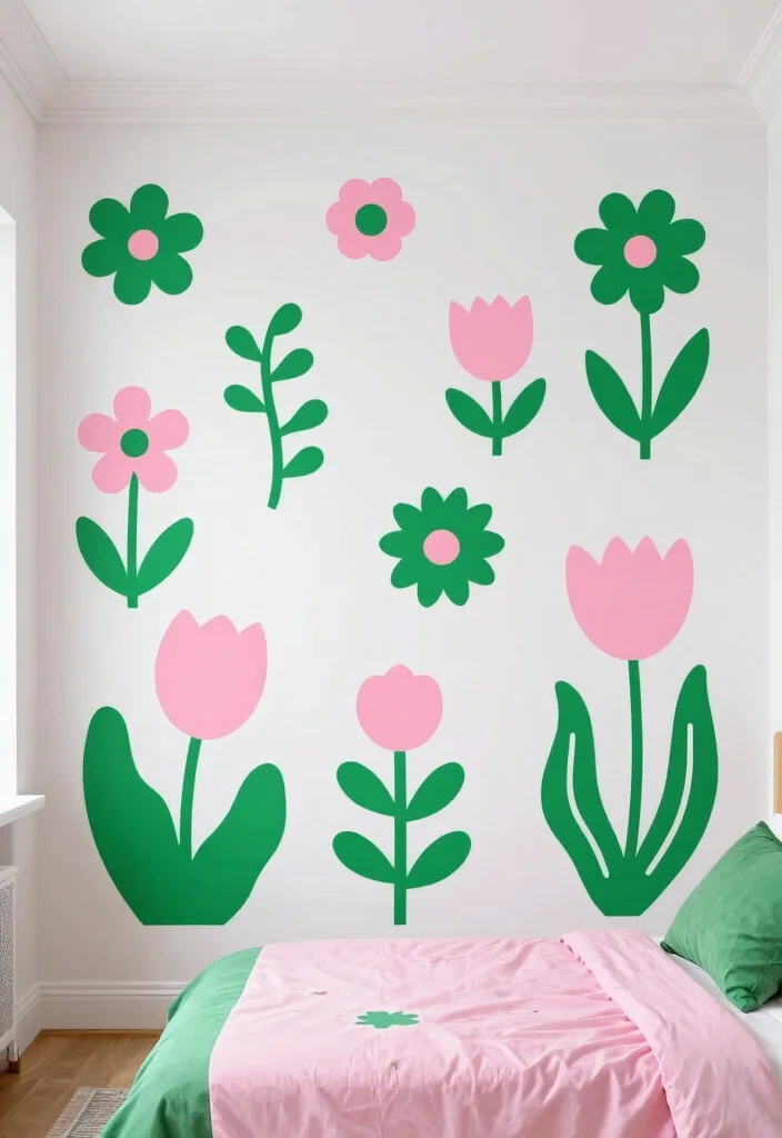 15 Emerald Green and Pink Bedroom Ideas: Bold Elegant Contrast - 11. Playful Wall Decals 1