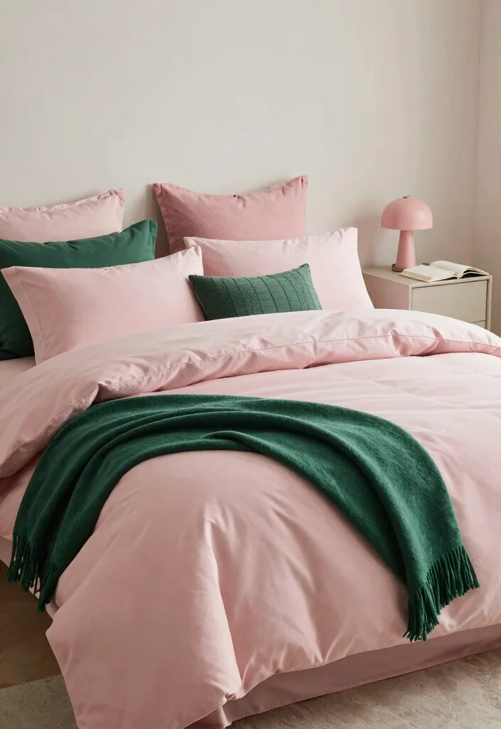 15 Emerald Green and Pink Bedroom Ideas: Bold Elegant Contrast - 2. Pink Bedding with Emerald Green Accents 1