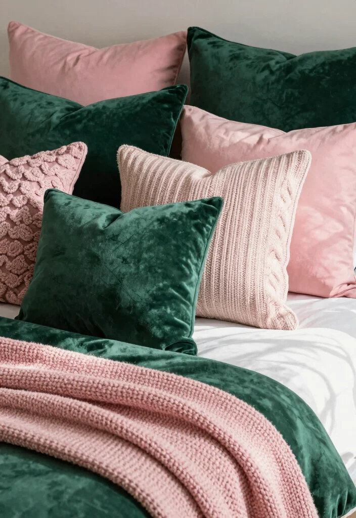 15 Emerald Green and Pink Bedroom Ideas: Bold Elegant Contrast - 3. Decorative Pillows and Throws 1