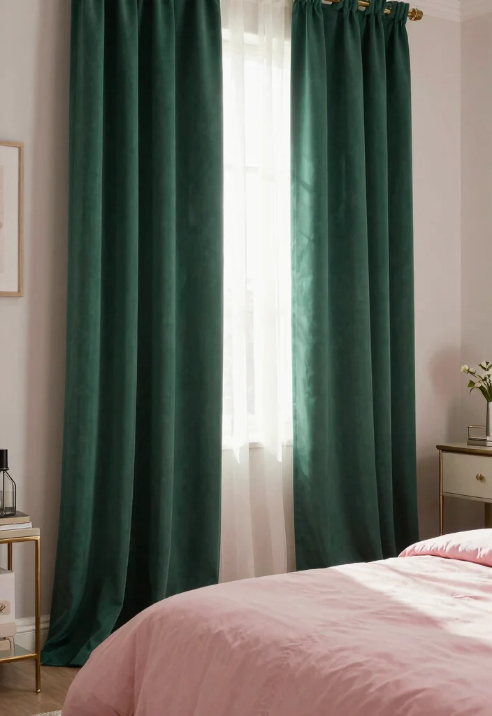 15 Emerald Green and Pink Bedroom Ideas: Bold Elegant Contrast - 5. Coordinating Curtains 1