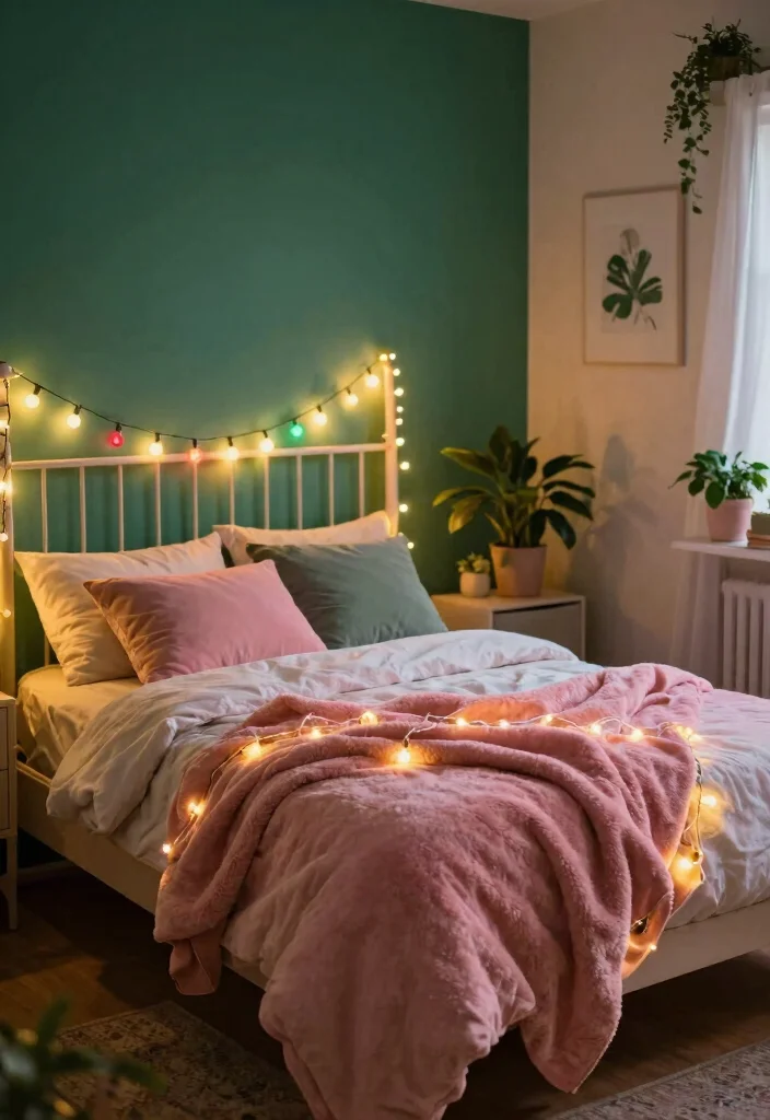 15 Emerald Green and Pink Bedroom Ideas: Bold Elegant Contrast - 9. Colorful String Lights 1