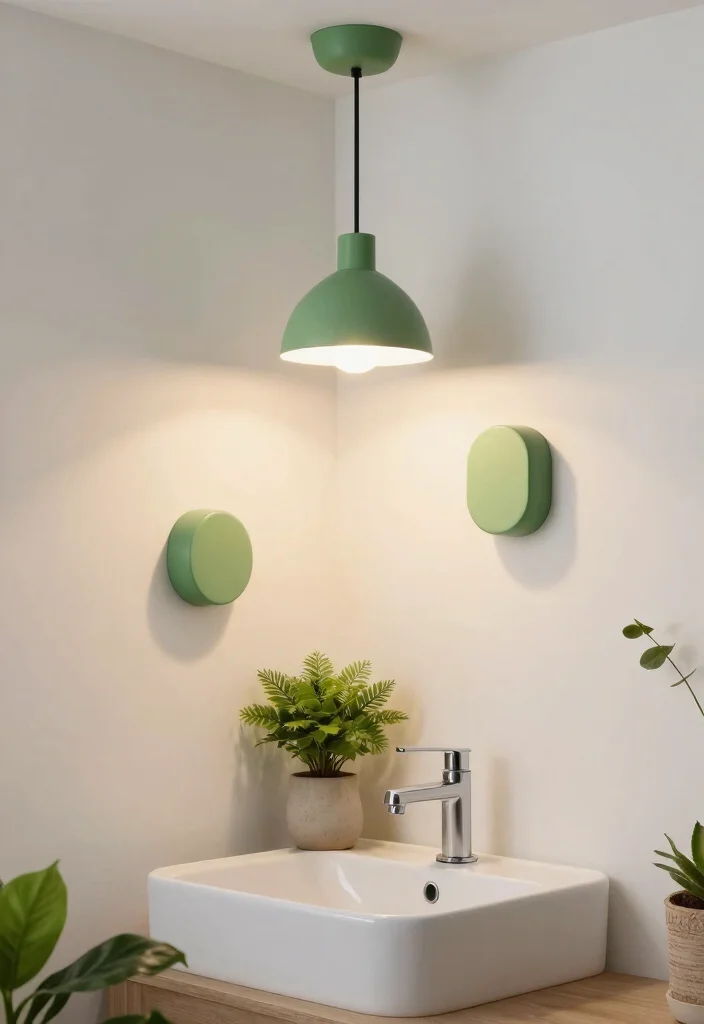 15 Green Small Bathroom Ideas With Fresh Style - 10. Green Light Fixtures 1