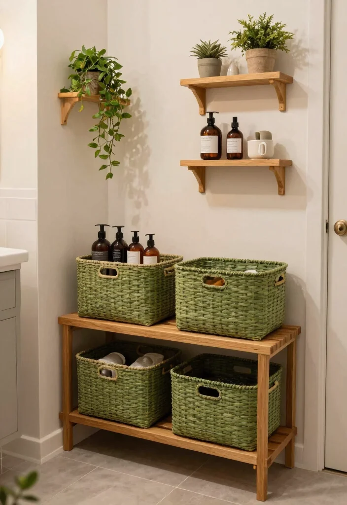 15 Green Small Bathroom Ideas With Fresh Style - 11. Creative Storage Solutions 1