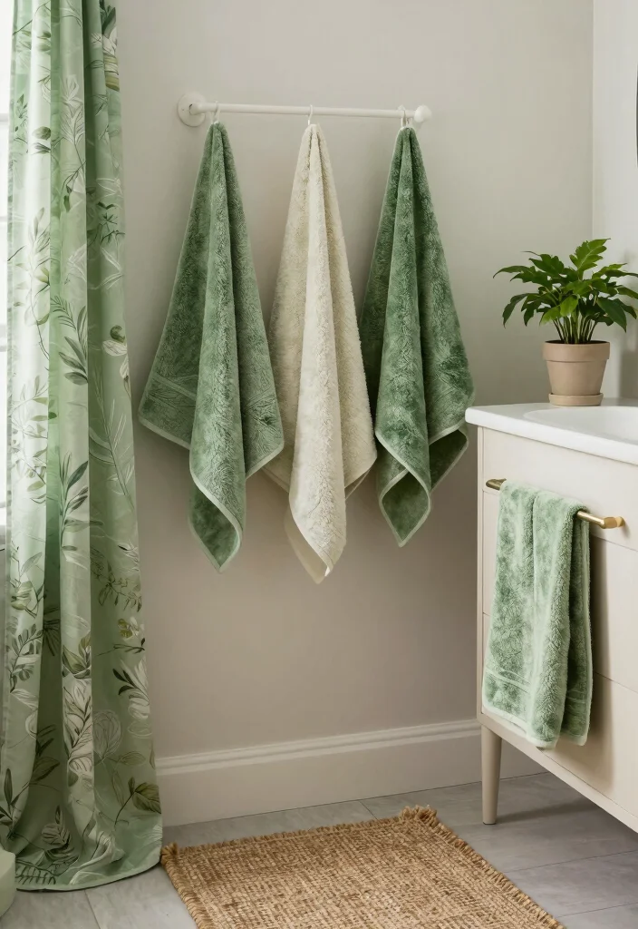 15 Green Small Bathroom Ideas With Fresh Style - 6. Green and Natural Textiles 1