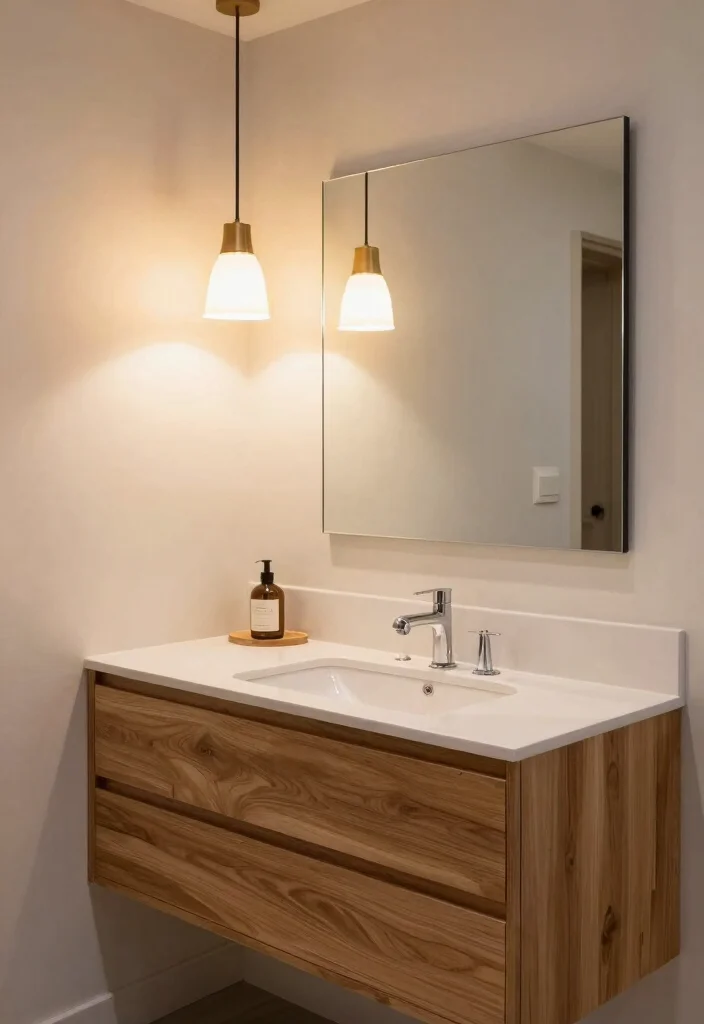 15 Natural Wood Bathroom Vanity Ideas With Warm Texture - 12. Creative Use of Lighting 1