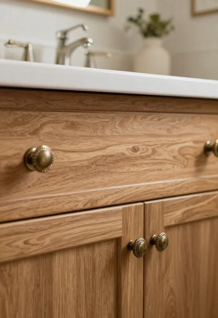 15 Natural Wood Bathroom Vanity Ideas With Warm Texture - 13. Vintage Hardware Accents 1