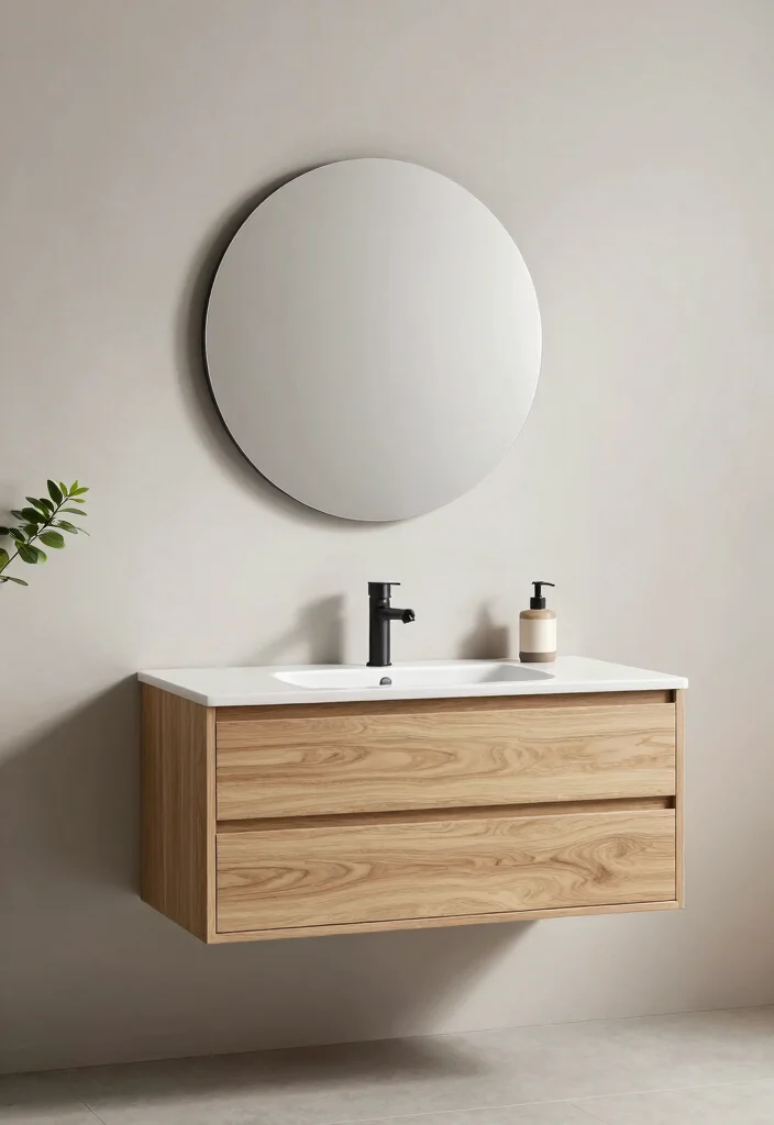 15 Natural Wood Bathroom Vanity Ideas With Warm Texture - 2. Minimalist Floating Wood Vanity 1