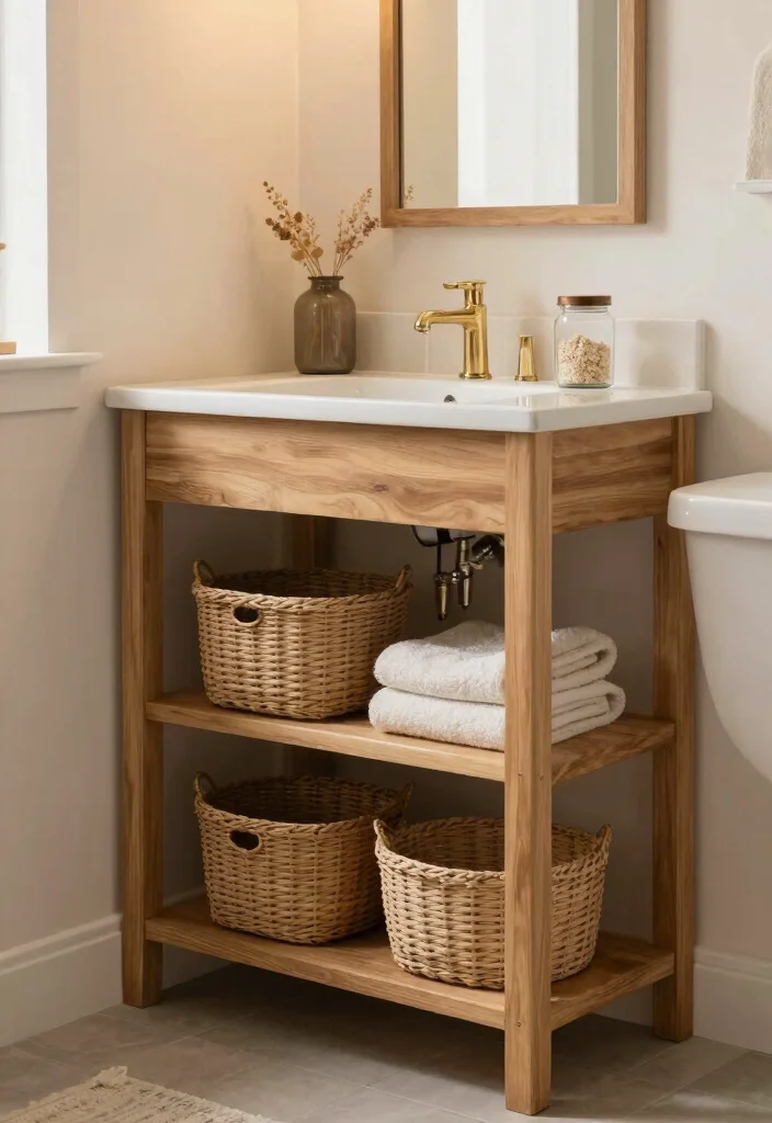 15 Natural Wood Bathroom Vanity Ideas With Warm Texture - 7. Open Shelving Ideas 1