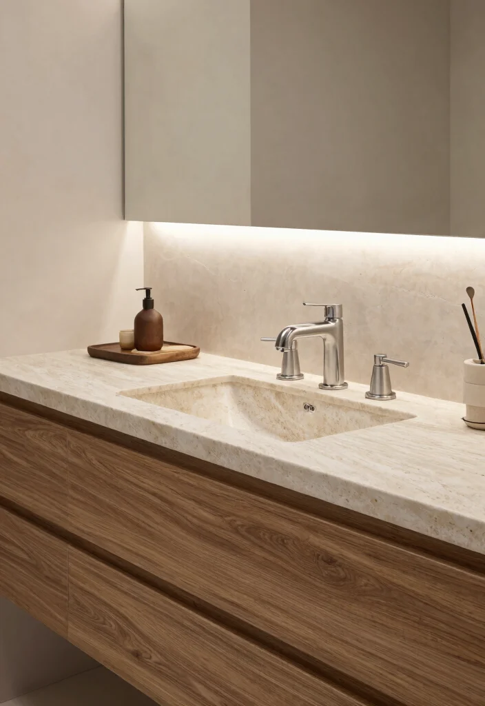 15 Natural Wood Bathroom Vanity Ideas With Warm Texture - 8. Mixed Material Vanity 1