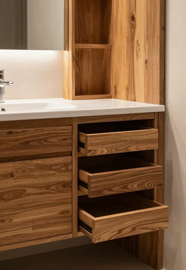 15 Natural Wood Bathroom Vanity Ideas With Warm Texture - 9. Custom Built-In Wood Vanity 1
