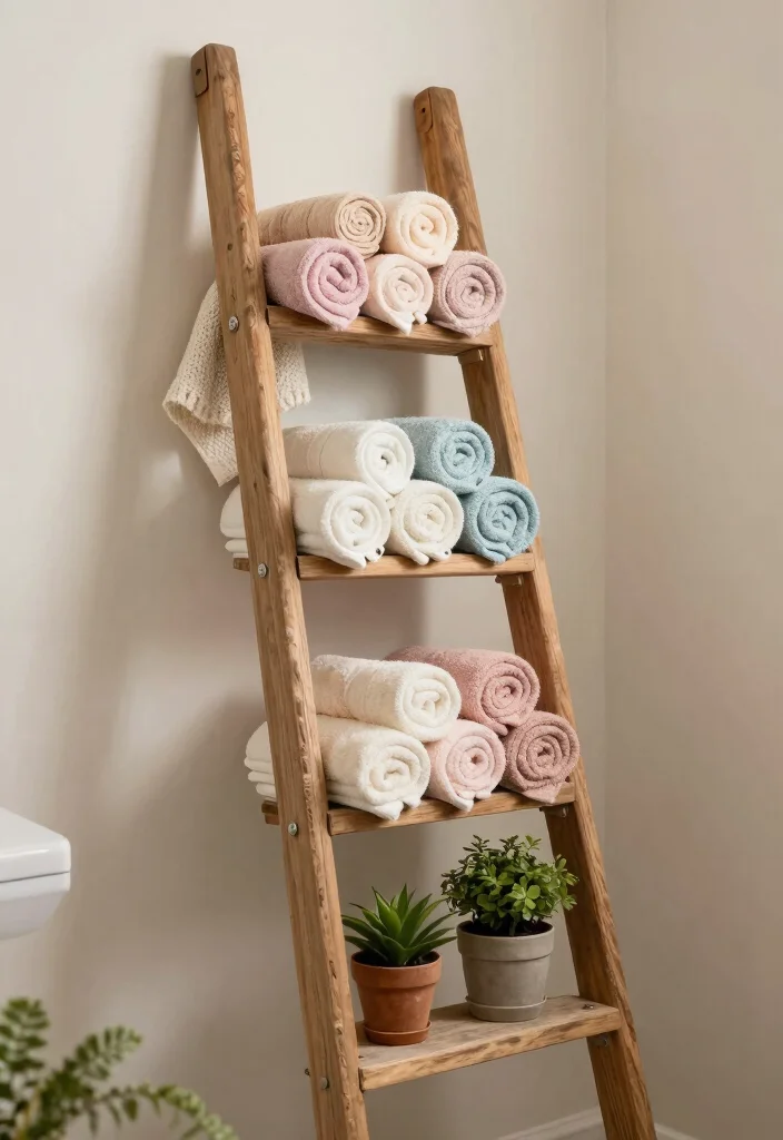 15 Primitive Bathroom Decor Ideas With Rustic Feel - 7. Vintage Ladder for Towel Storage 1