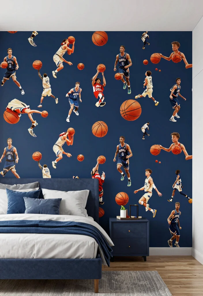 16 Basketball Bedroom Ideas for Boys Fun Sporty Style - 6. Basketball-Themed Wallpaper 1