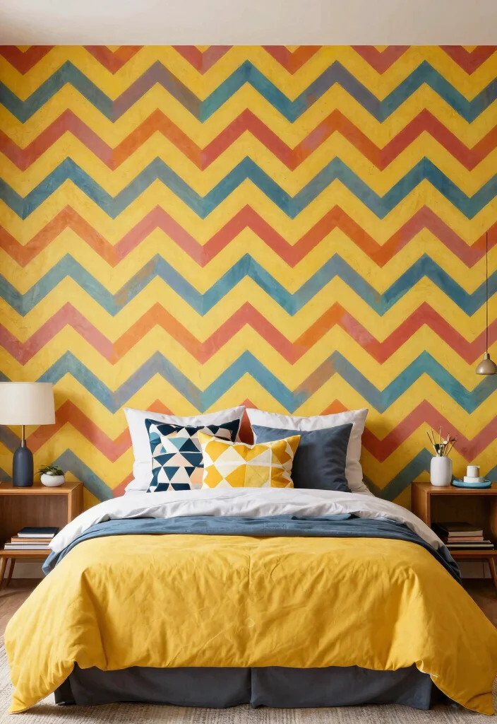 16 Bedroom Wallpaper Texture Seamless Ideas for Subtle Depth - 7. Bold Chevron for High Energy 1