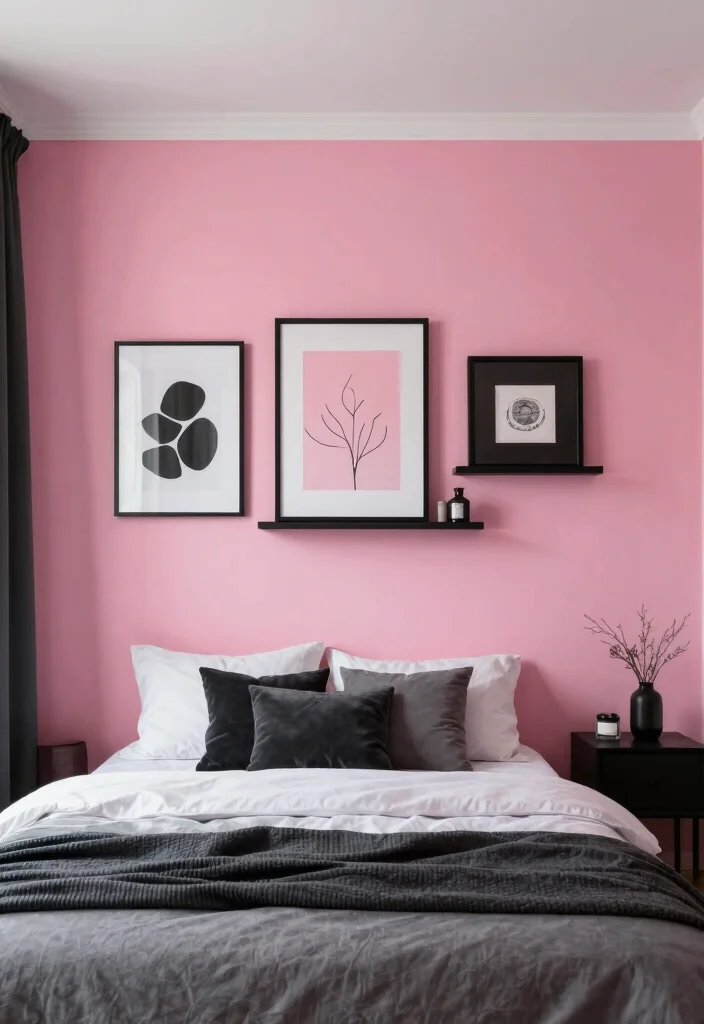16 Pink Grey and Black Bedroom Ideas Modern Chic Style - 11. Feature Wall Magic 1