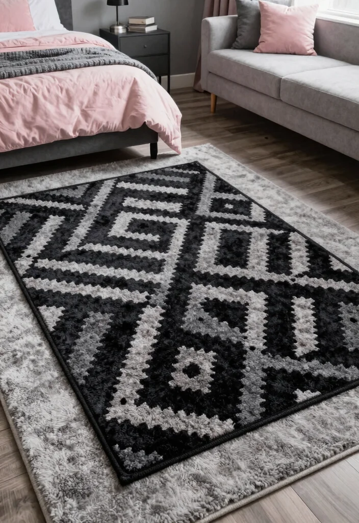16 Pink Grey and Black Bedroom Ideas Modern Chic Style - 12. Accent Rugs 1
