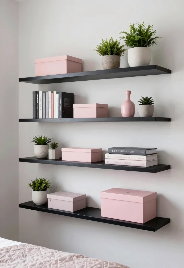 16 Pink Grey and Black Bedroom Ideas Modern Chic Style - 13. Stylish Shelving 1