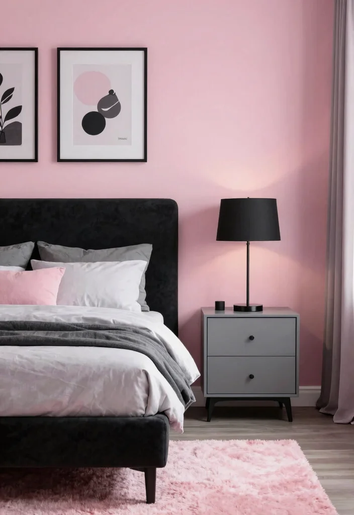 16 Pink Grey and Black Bedroom Ideas Modern Chic Style - 2. Bold Black Accents 1