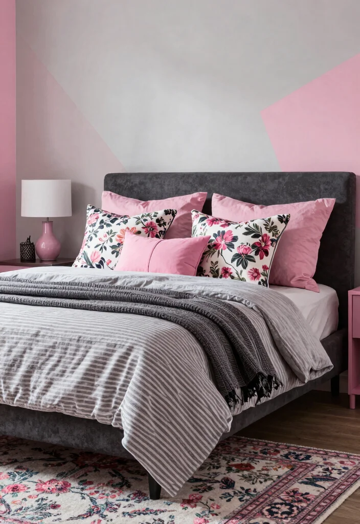 16 Pink Grey and Black Bedroom Ideas Modern Chic Style - 4. Mixing Patterns 1