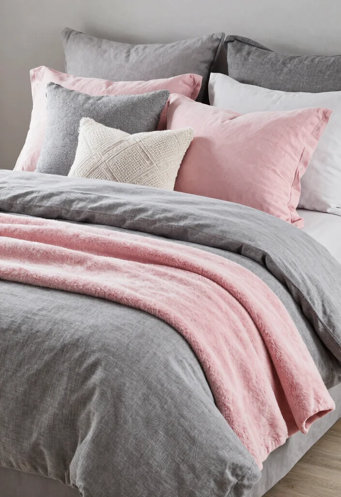 16 Pink Grey and Black Bedroom Ideas Modern Chic Style - 7. Layered Textiles 1