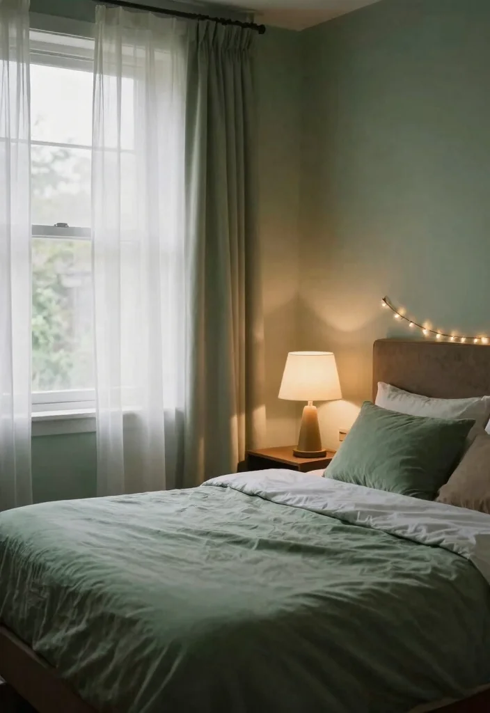 16 Sage Green and Brown Bedroom Ideas: Warm Earthy Calm - 11. Soft Lighting 1