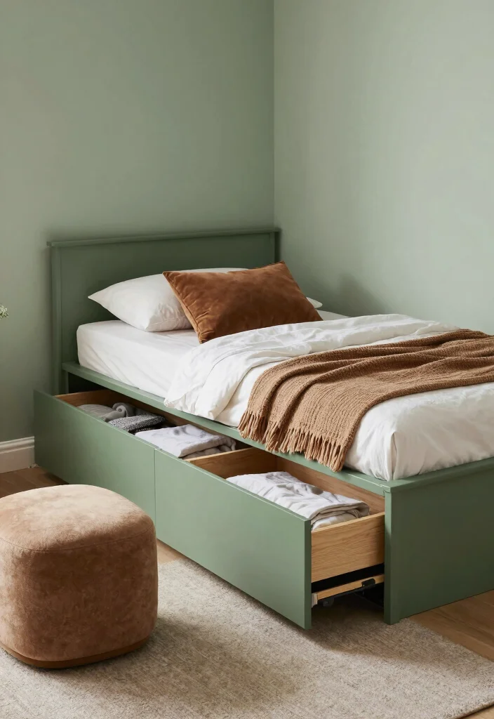 16 Sage Green and Brown Bedroom Ideas: Warm Earthy Calm - 13. Functional Furniture 1
