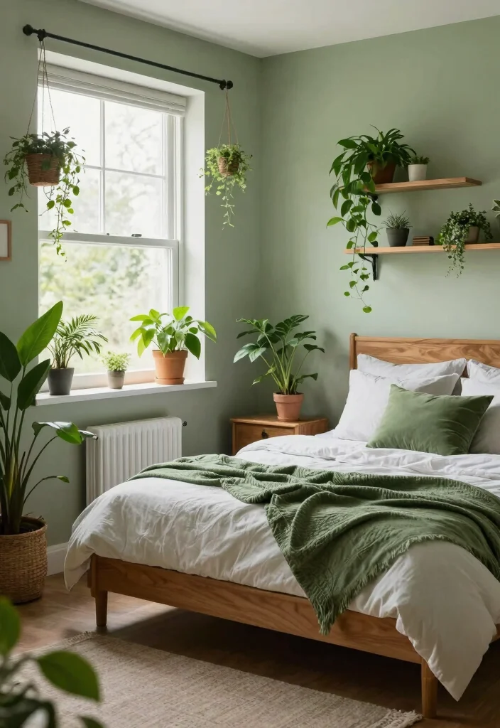 16 Sage Green and Brown Bedroom Ideas: Warm Earthy Calm - 15. Greenery Galore 1