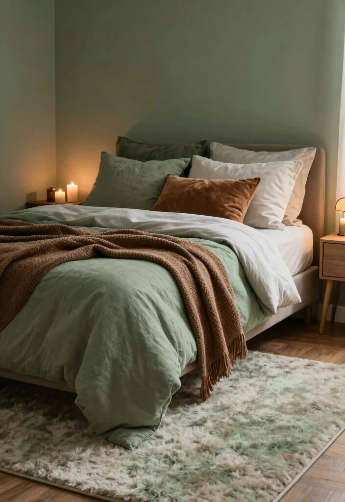 16 Sage Green and Brown Bedroom Ideas: Warm Earthy Calm - 16. Cozy Accents 1