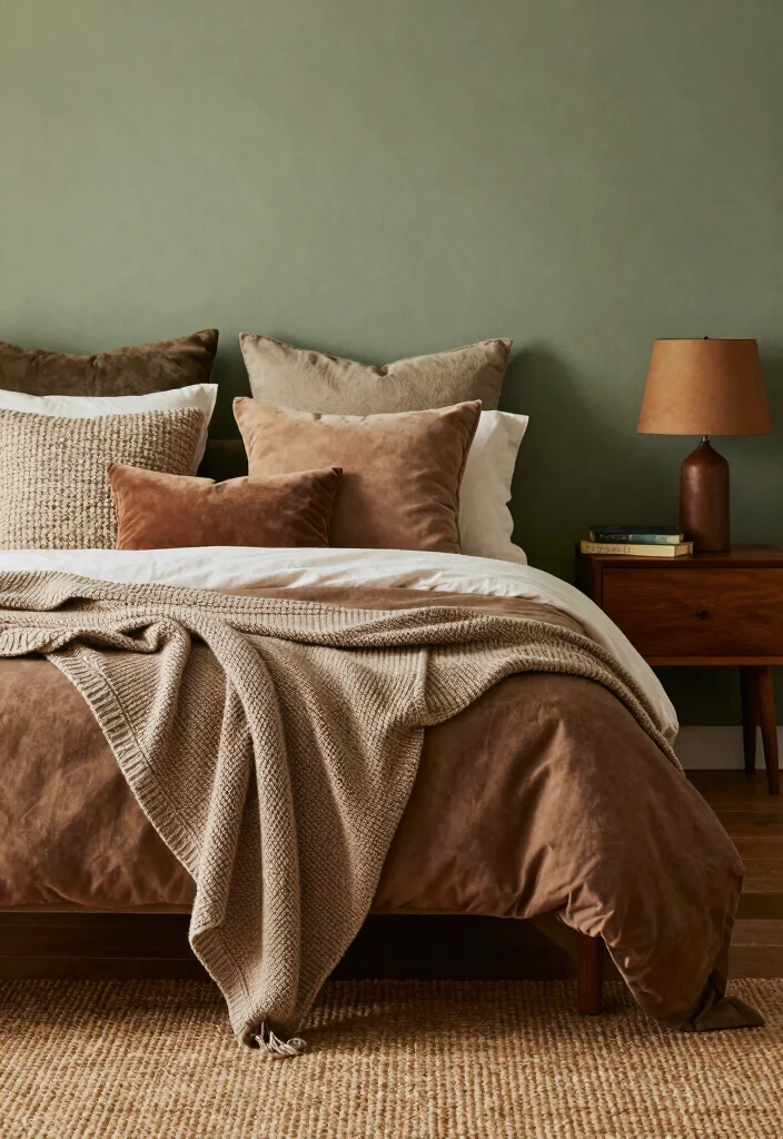 16 Sage Green and Brown Bedroom Ideas: Warm Earthy Calm - 2. Layered Textures 1