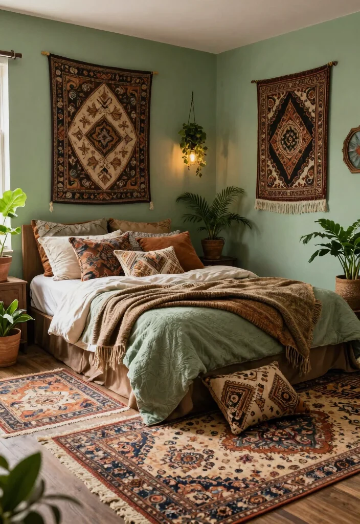 16 Sage Green and Brown Bedroom Ideas: Warm Earthy Calm - 8. Bohemian Layers 1
