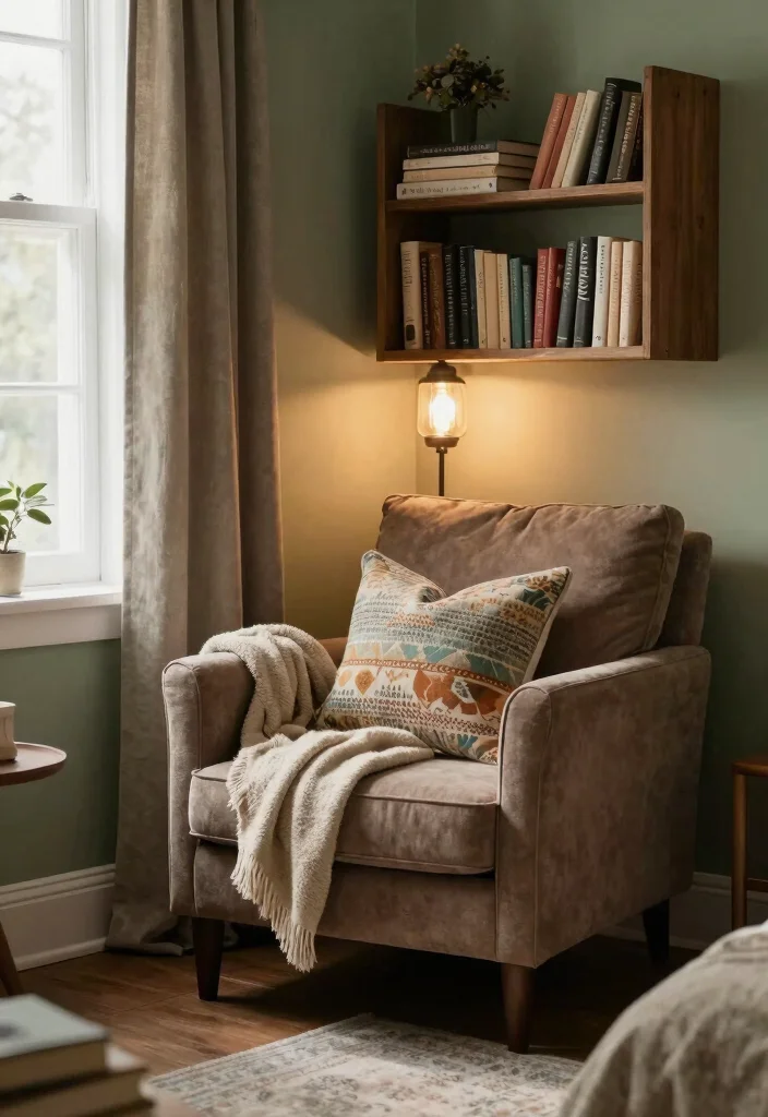 16 Sage Green and Brown Bedroom Ideas: Warm Earthy Calm - 9. Cozy Reading Nook 1