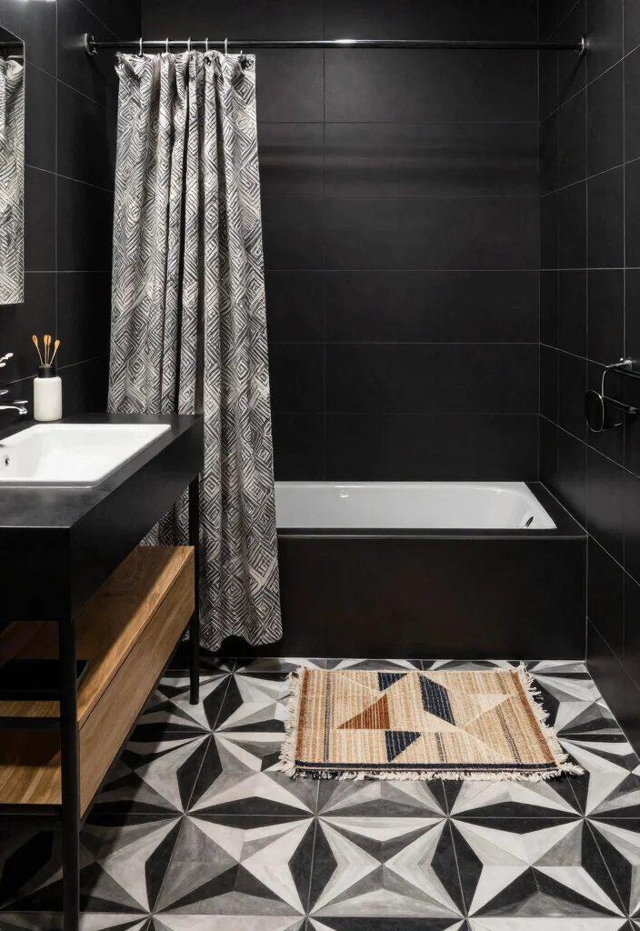 16 Small Black Bathroom Ideas With Modern Edge - 7. Geometric Patterns with Black Accents 1