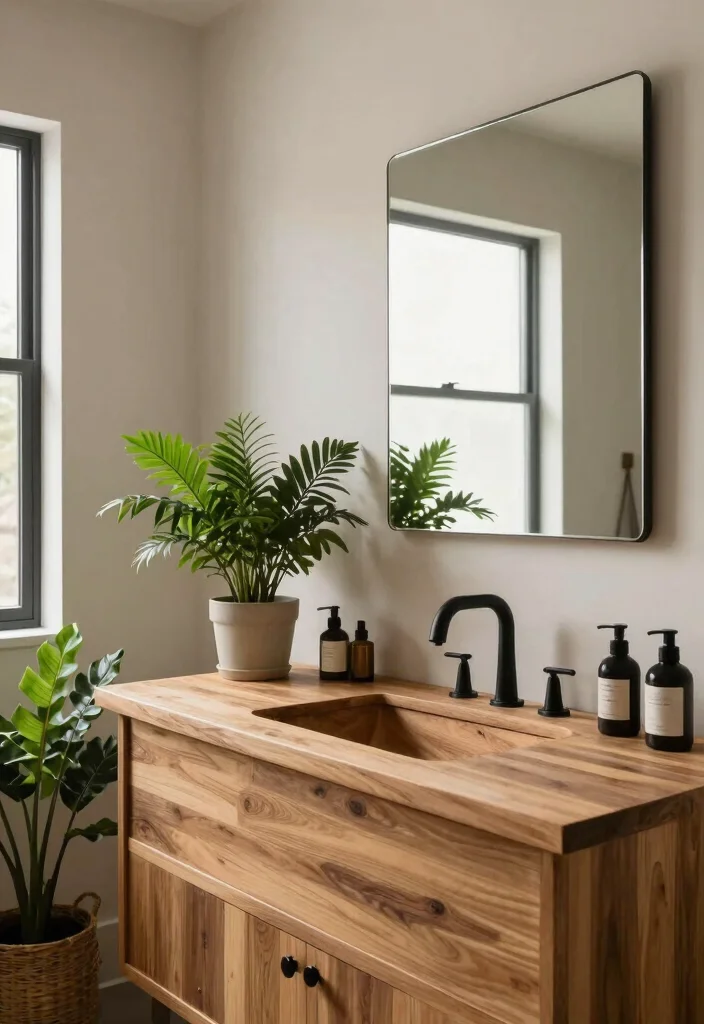 16 Small Black Bathroom Ideas With Modern Edge - 8. Natural Elements with Black Accents 1