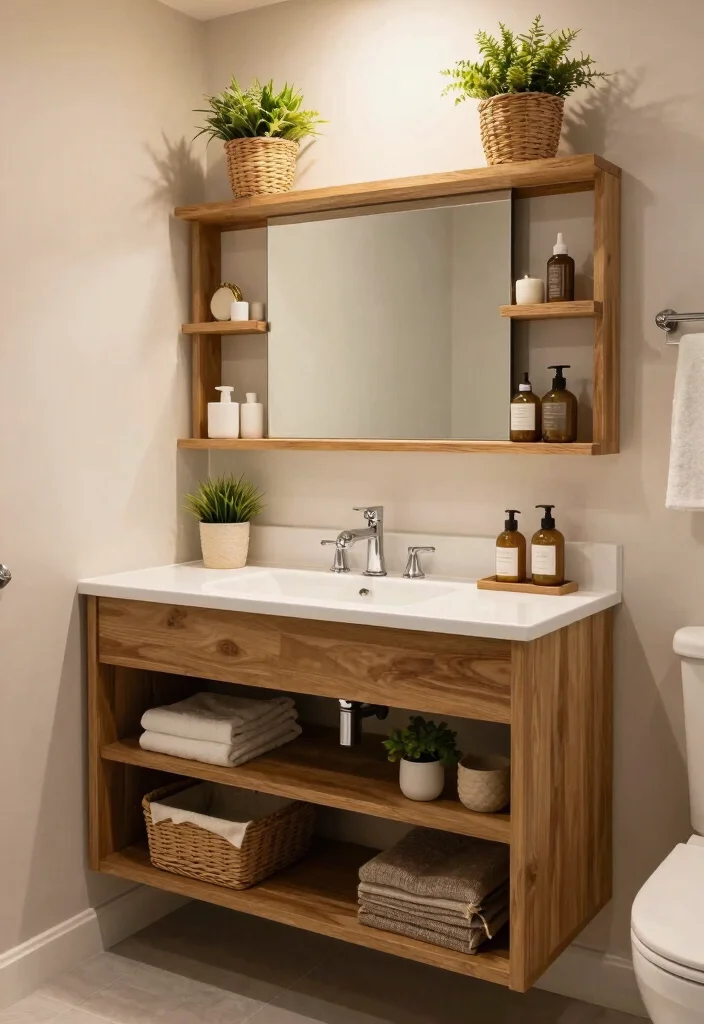 16 Wood Vanity Bathroom Ideas For Cozy Interiors - 15. Wood Vanity with Open Shelving 1
