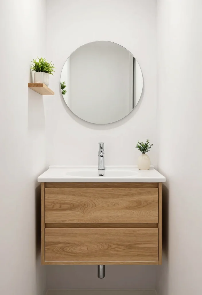 16 Wood Vanity Bathroom Ideas For Cozy Interiors - 5. Compact Wood Vanity for Small Spaces 1