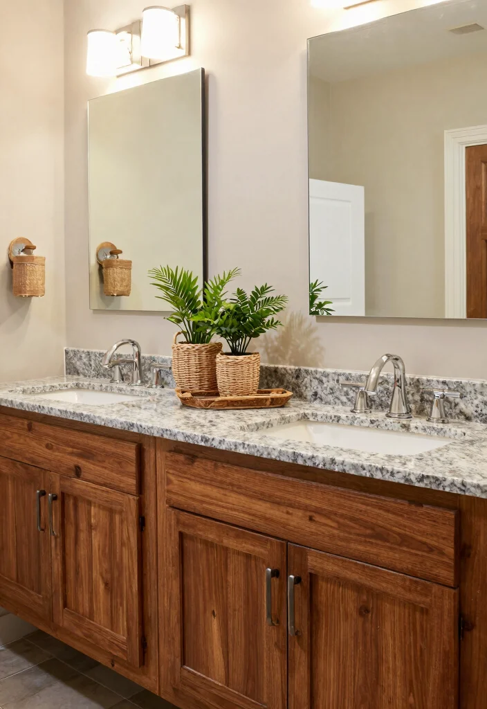 16 Wood Vanity Bathroom Ideas For Cozy Interiors - 7. Wood Vanity with Stone Countertop 1