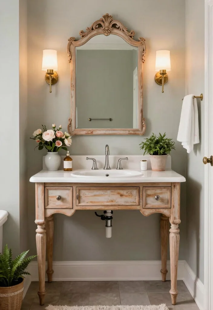 16 Wood Vanity Bathroom Ideas For Cozy Interiors - 9. Vintage Chic Wood Vanity 1