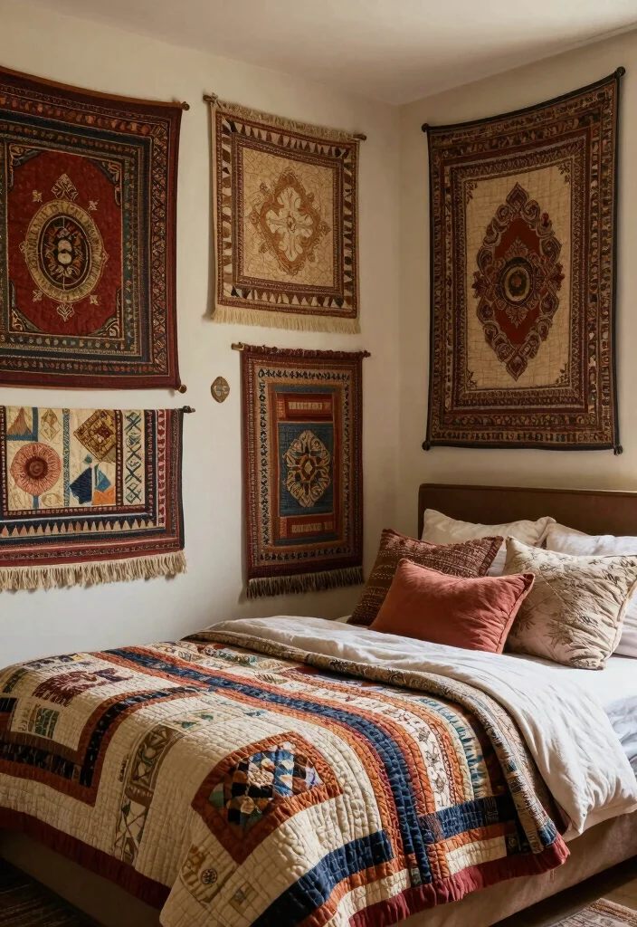 17 Bedroom Wall Art Ideas That Elevate the Space - 15. Layered Wall Textiles 1